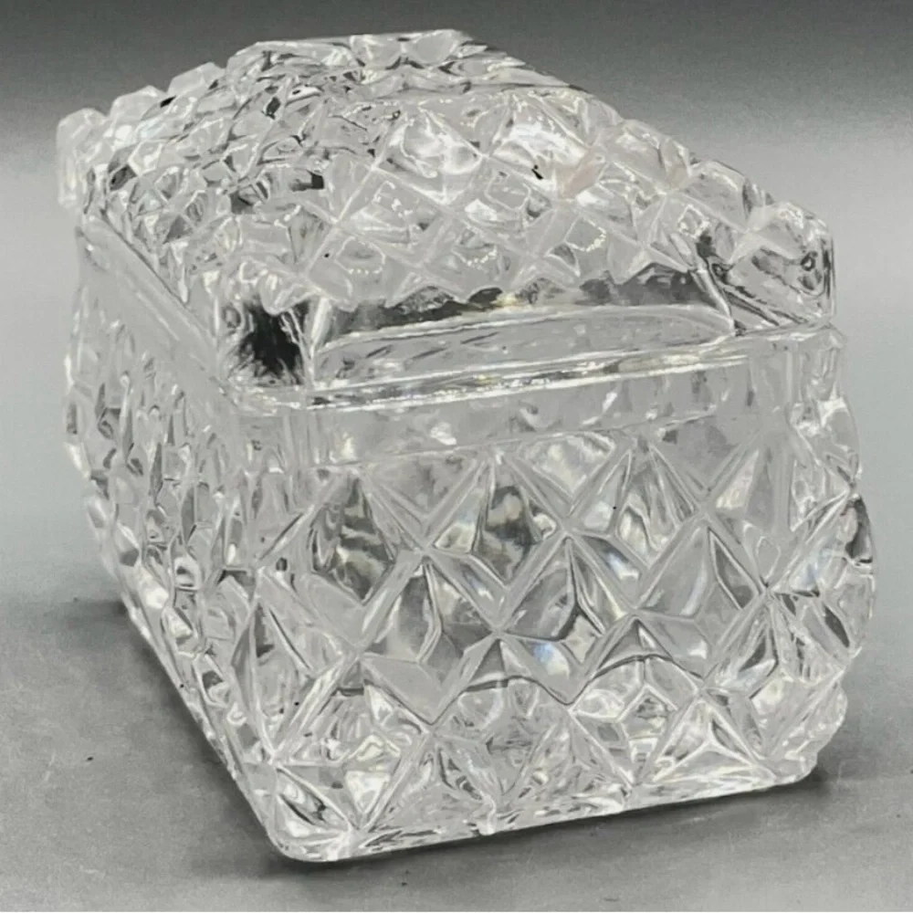 Cut Glass Princess Trinket Box, Pressed Glass Rectangular Tiny Glass Container